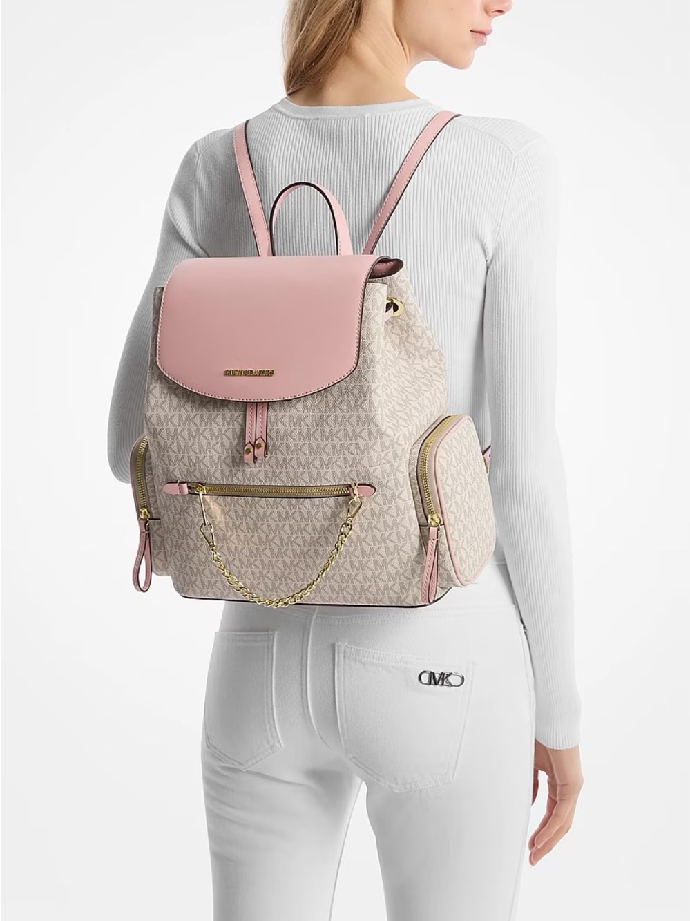 Michael Kors Jet Set Pink & Beige Signature Backpack with Gold Chain - Picture 2 of 9